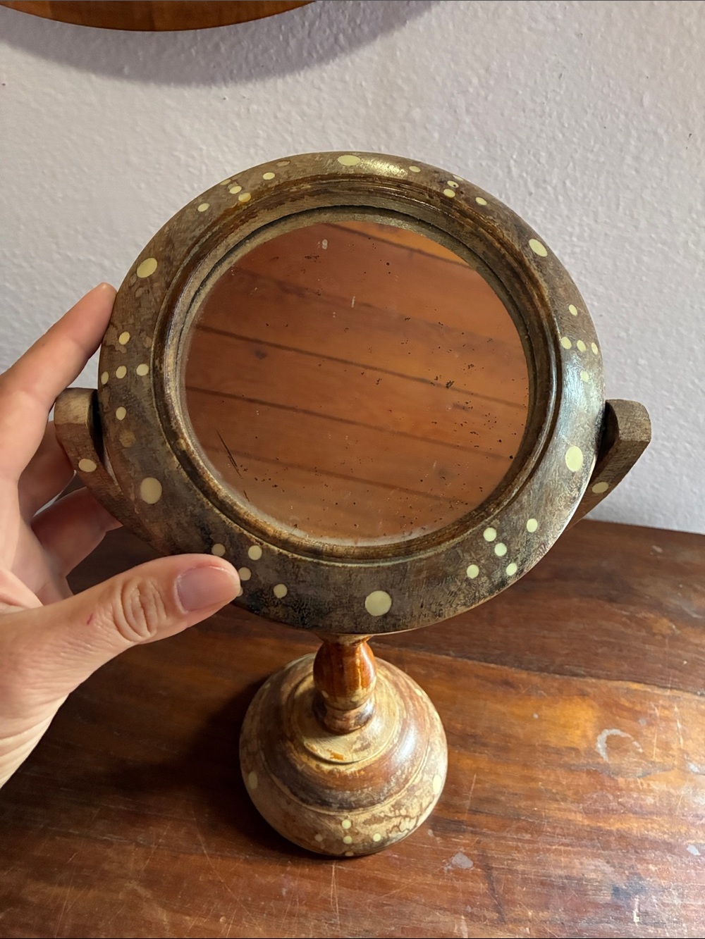 Handcrafted Brown Decorative Table Mirror with Cream Dot Accents